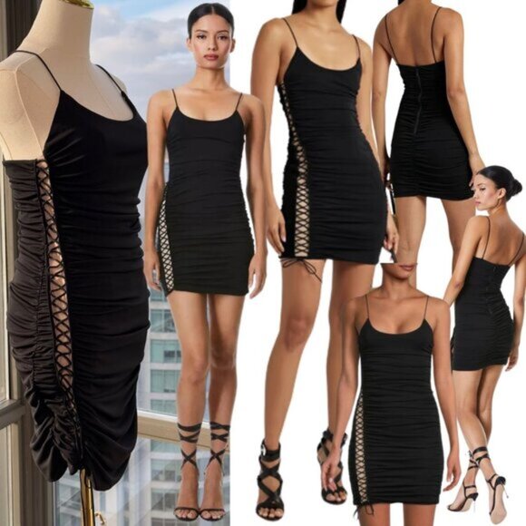 🆕 ALICE + OLIVIA 🧿 NWOT Siriana Ruched Mini Bodycon Dress, Black - Sz 10 - Picture 1 of 14
